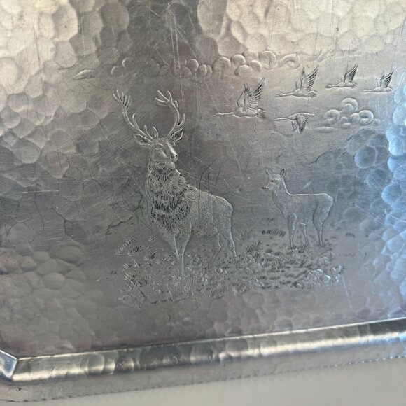 Vtg Deer‎ Geese Trade Continental Hand Wrought Hammered Aluminum Tray w Handles - Picture 9 of 11
